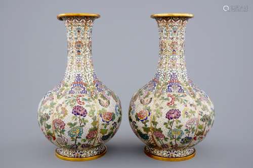 A pair of Chinese cloisonné bottle-shaped vases, 19th C.