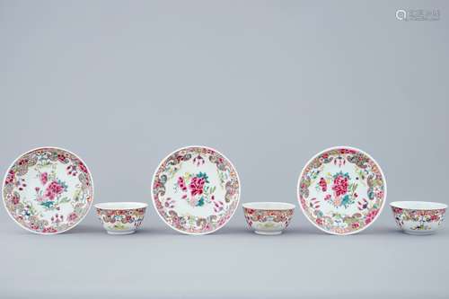 A set of 3 Chinese famille rose cups and saucers, Qianlong, 18th C.