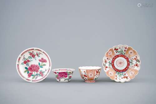 Two Chinese verte-Imari and famille rose cups and saucers, Kangxi/Yongzheng