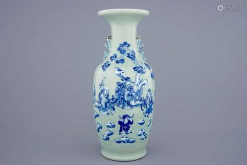 A fine Chinese blue and white on celadon ground vase, 19th C.