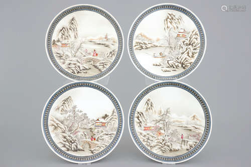 A set of four Chinese Republic winter landscape plates, 20th C.