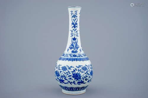 A blue and white Chinese lotus scroll bottle vase, Transitional period, 1620-1683