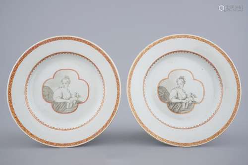 A pair of Chinese grisaille porcelain European subject plates, Qianlong, 18th C.