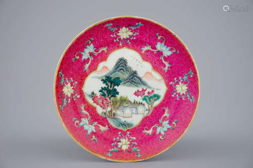 A Chinese ruby back landscape on sgraffito ruby ground, 19/20th C.