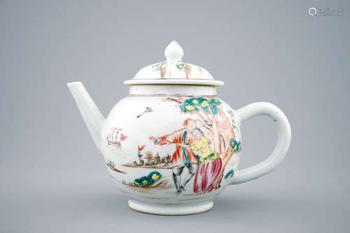 A Chinese famille rose European subject porcelain teapot with Sailor’s Farewell, Qianlong, 18th C.