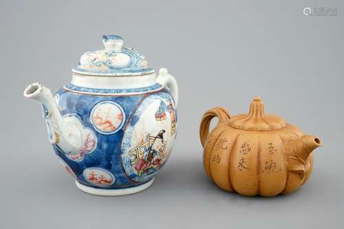 A Chinese famille rose teapot, 18th C. and a Yixing teapot, 19/20th C.