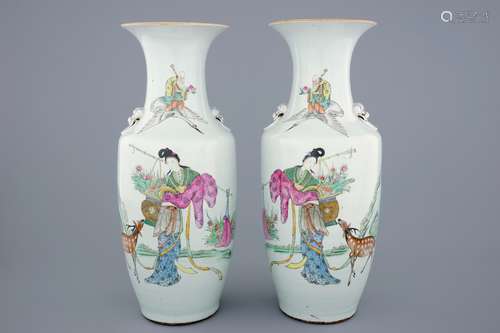 A pair of Chinese famille rose vases depicting Lan Tsai Ho, 19/20th C.