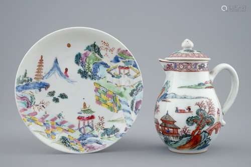 A Chinese famille rose milk jug and a saucer, Yongzheng, 1723-1735