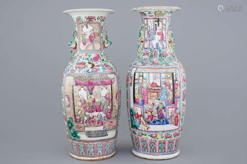 Two Chinese famille rose vases with court scenes, 19th C.