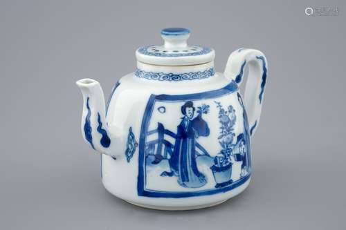 A Chinese blue and white teapot and cover with long Elizas, Kangxi