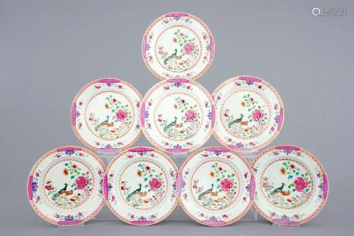A set of 8 Chinese famille rose “double peacock” pattern plates, Qianlong, 18th C.