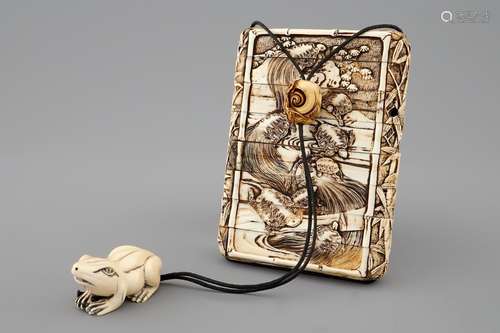 A Japanese ivory inro with netsuke, both signed, Meiji, 19th C.