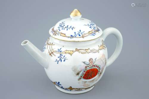 A Chinese export porcelain monogrammed teapot and cover with a putto, Qianlong, 18th C.