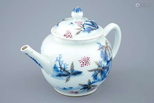 An overdecorated blue and white Chinese teapot and cover, Qianlong, 18th C.