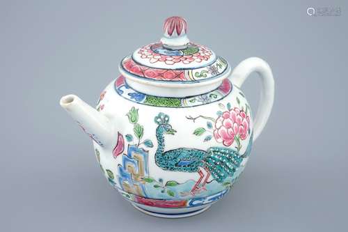 A Chinese London-decorated famille rose teapot and cover with a peacock, Qianlong, 18th C.