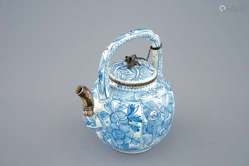 A Chinese blue and white silver-mounted teapot or wine jug, Ming, Wanli, 1573-1619