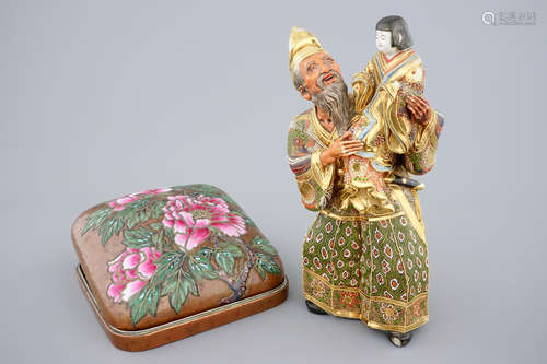 A Japanese enameled brass Ando Jubei box with cover and a large Satsuma figure, 19th C.