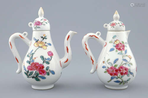 A pair of unusual Chinese famille rose jugs with covers, Yongzheng, 1723-1735