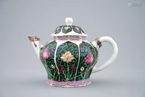 A Chinese silver-mounted famille noire teapot and cover, Yongzheng, 1723-1735