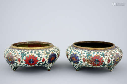 A pair of Chinese glit bronze and cloisonne tripod incense burners, late Ming dynasty