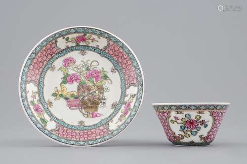 A Chinese famille rose eggshell cup and saucer with a cat near a flowervase, Yongzheng, 1723-1735