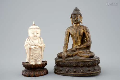 A Chinese gilt bronze Buddha and an ivory figure of a boy, 19th C.