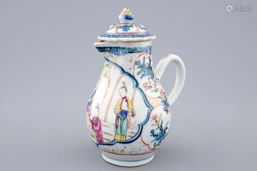 A Chinese famille rose mandarin milk jug and cover, Qianlong, 18th C.