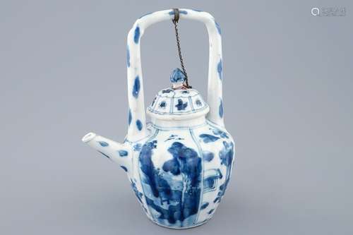 A blue and white Chinese gate-handled teapot and cover, Kangxi