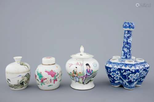 A Chinese blue and white tulip vase and 3 small famille rose covered jars, 19th C.