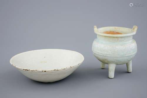 A qingbai tripod censer and a phoenix bowl, Song or Yuan Dynasty, 10-14th C.