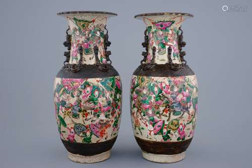 A pair of Chinese famille rose Nanking crackle glaze vases, 19th C.