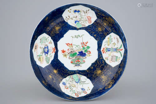 A Chinese famille verte on powder blue ground dish, Kangxi