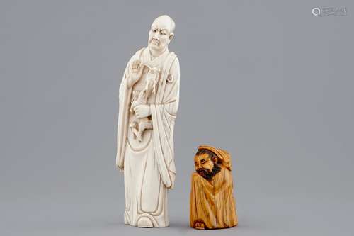 Two Chinese carved ivory figures, one of an immortal with a dragon, ca. 1900