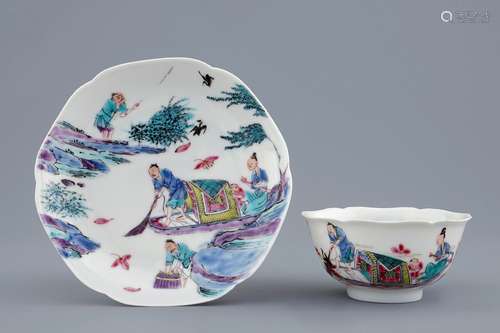 A Chinese famille rose cup and saucer with a fishing scene, Yongzheng, 1723-1735