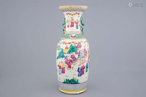 A tall Chinese famille rose vase with an equestrian scene, 19th C.