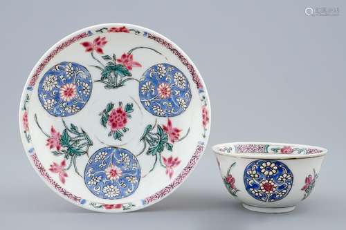 A Chinese famille rose semi-eggshell cup and saucer with floral design, Yongzheng/Qianlong