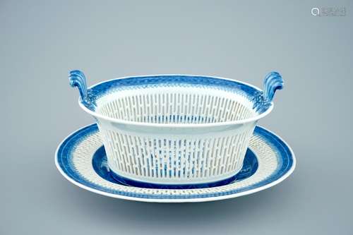 A Chinese blue and white pierced basket on stand, Qianlong, 18th C.