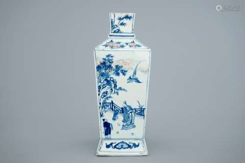 A square Chinese blue, white and underglaze red vase, Kangxi