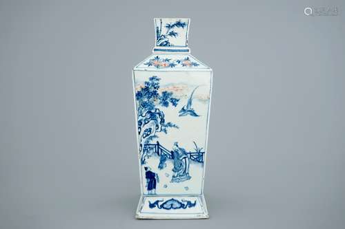 A square Chinese blue, white and underglaze red vase, Kangxi