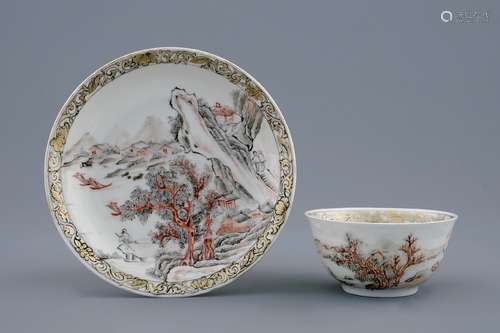 A fine Chinese grisaille and gilt eggshell cup and saucer, Yongzheng, 1723-1735