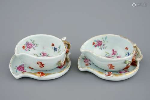 A pair of Chinese famille rose leaf-shaped cups and saucers, Qianlong, 18th C.