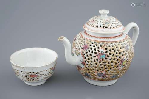 A double-walled reticulated famille rose teapot with matching tea bowl, Qianlong, 18th C.