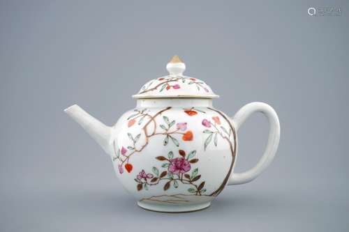 A Chinese famille rose teapot and cover with blossoms and trees, Qianlong, 18th C.