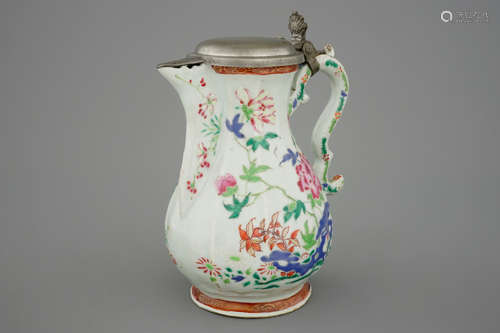 A Chinese famille rose jug with pewter mount, 18th C.