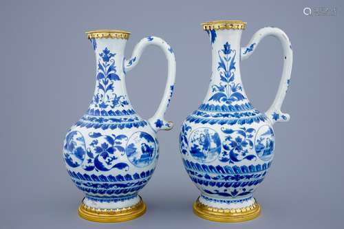 A pair of  Chinese blue and white gilt-bronze mounted jugs, Transitional period, 1620-1683