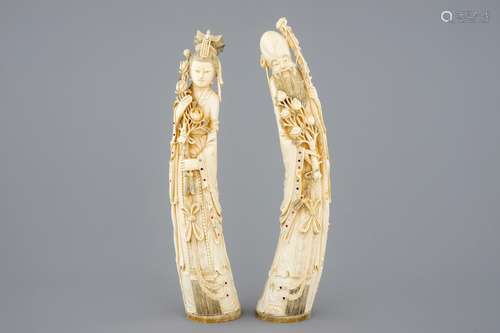 A large pair of Chinese inlaid ivory figures, 19th C.