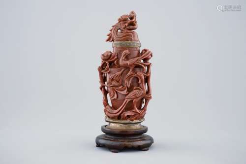 A Chinese carved goldstone vase and cover with bronze mount by Maquet, Paris, 19/20th C.