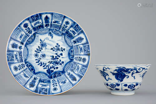 A blue and white Chinese porcelain bowl and a plate, Kangxi