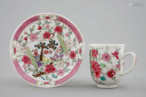 A Chinese famille rose cup and saucer with deer, Yongzheng/Qianlong