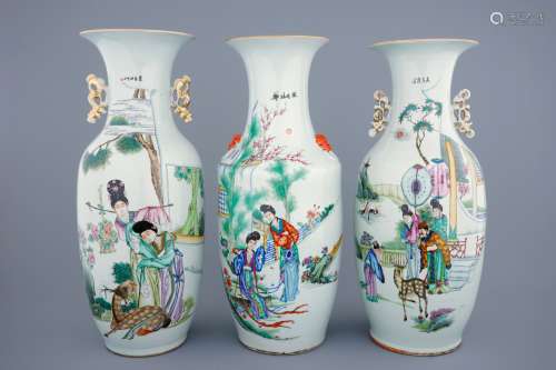 A set of 3 large Chinese famille rose vases, 19/20th C.